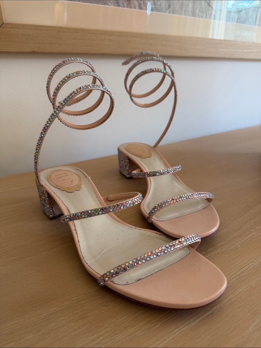 Rene Caovilla Rose Pink Crystal Coil Strap Block Heel Sandals
